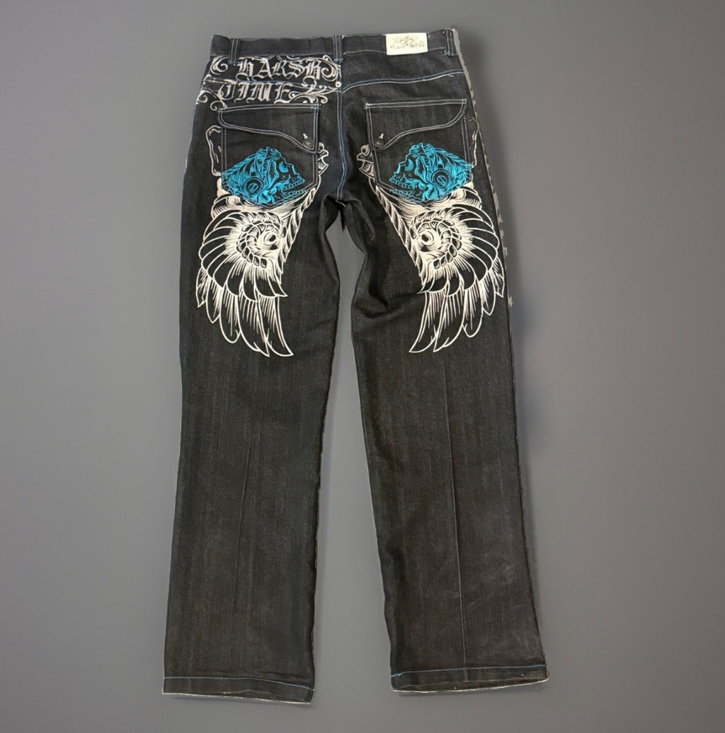Y2K Raw Blue Skull Winged Jeans (36)