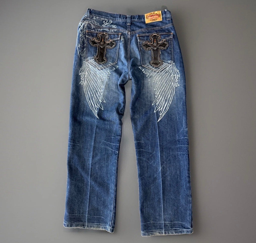 Y2K Raw Blue Winged Jeans (38)