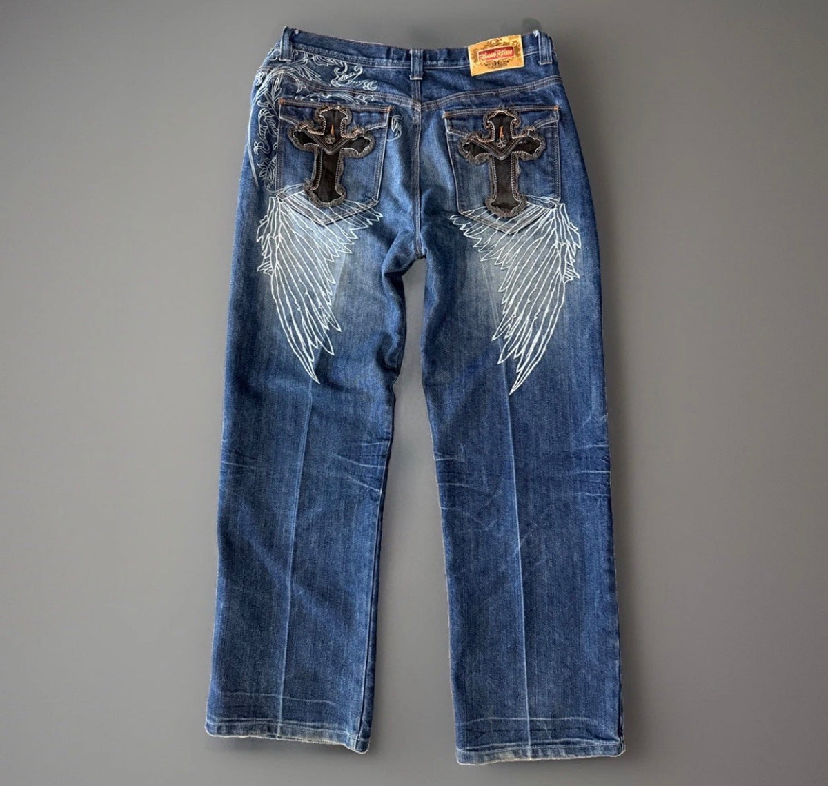 Y2K Raw Blue Winged Jeans (38)
