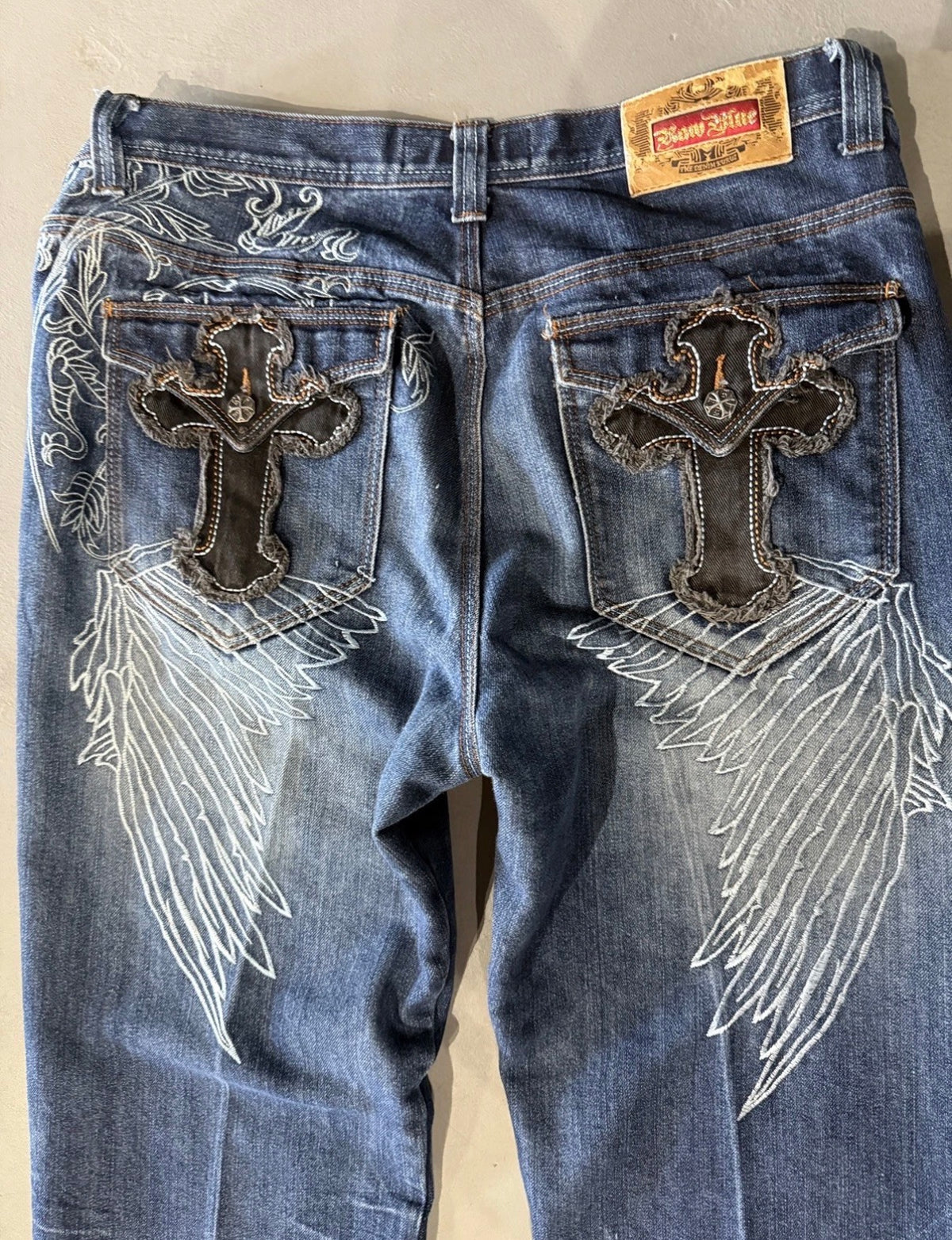 Y2K Raw Blue Winged Jeans (38)