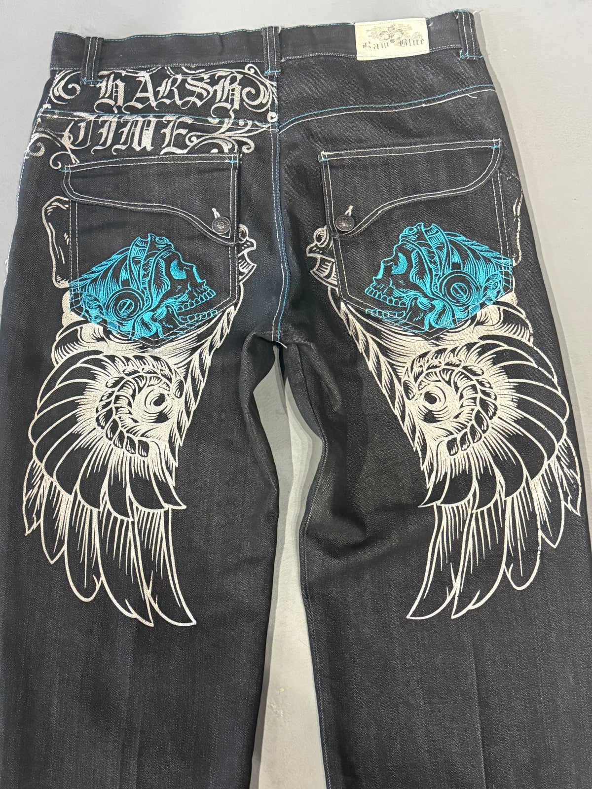 Y2K Raw Blue Skull Winged Jeans (36)